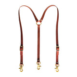 Chestnut brown leather suspenders with brass swivel trigger clips.