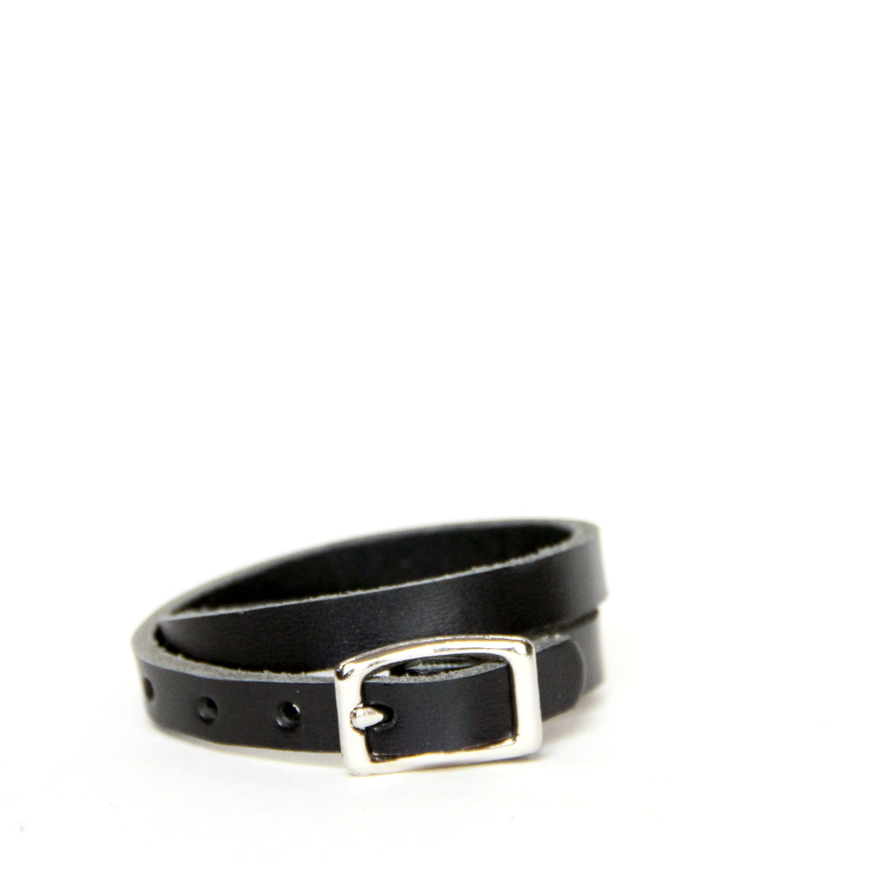 Black leather wrap bracelet with silver hardware