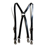 Black leather suspenders with silver swivel trigger clips.