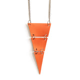 Orange leather triangle necklace, cut into 3 sections, close up view
