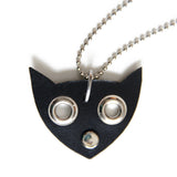 Black leather cat face shaped necklace, close up view