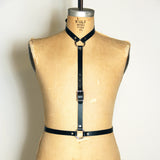 Front view of black leather Artifice body harness