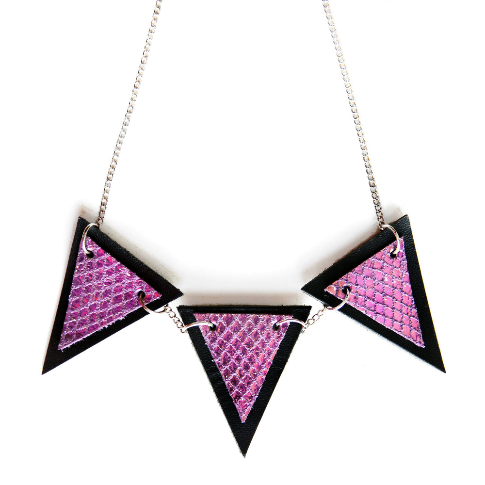 Trianthem Banner necklace, mermaid leather triangles, close view