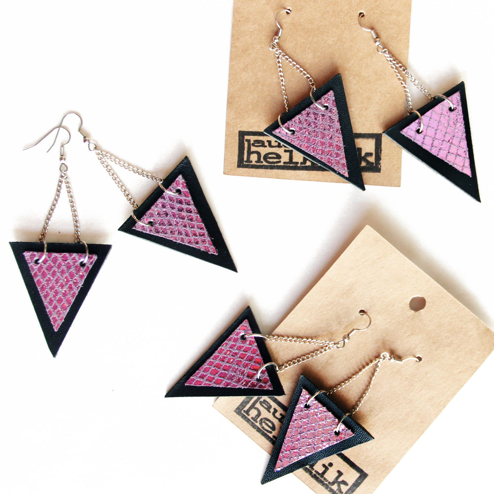 Trianthem earrings, triangle shaped mermaid leather earrings in packaging