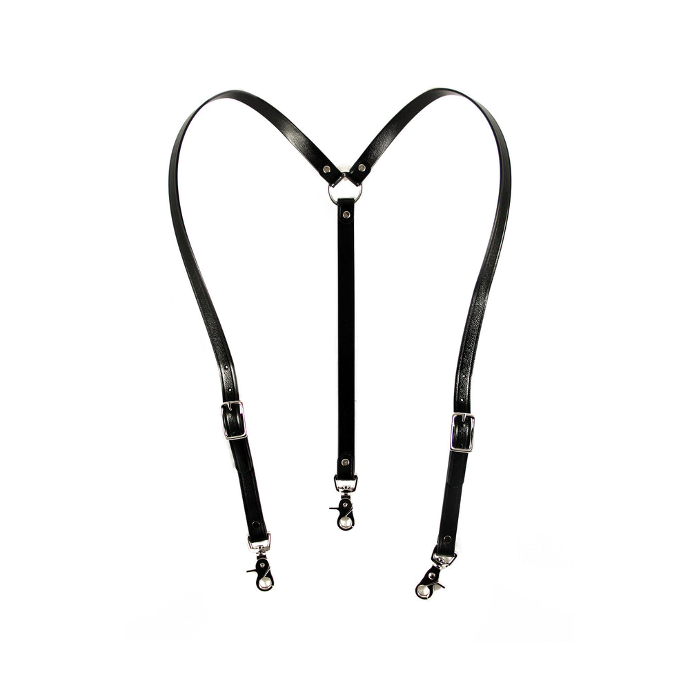 Black faux leather suspenders with silver hardware scissor clips, front view 