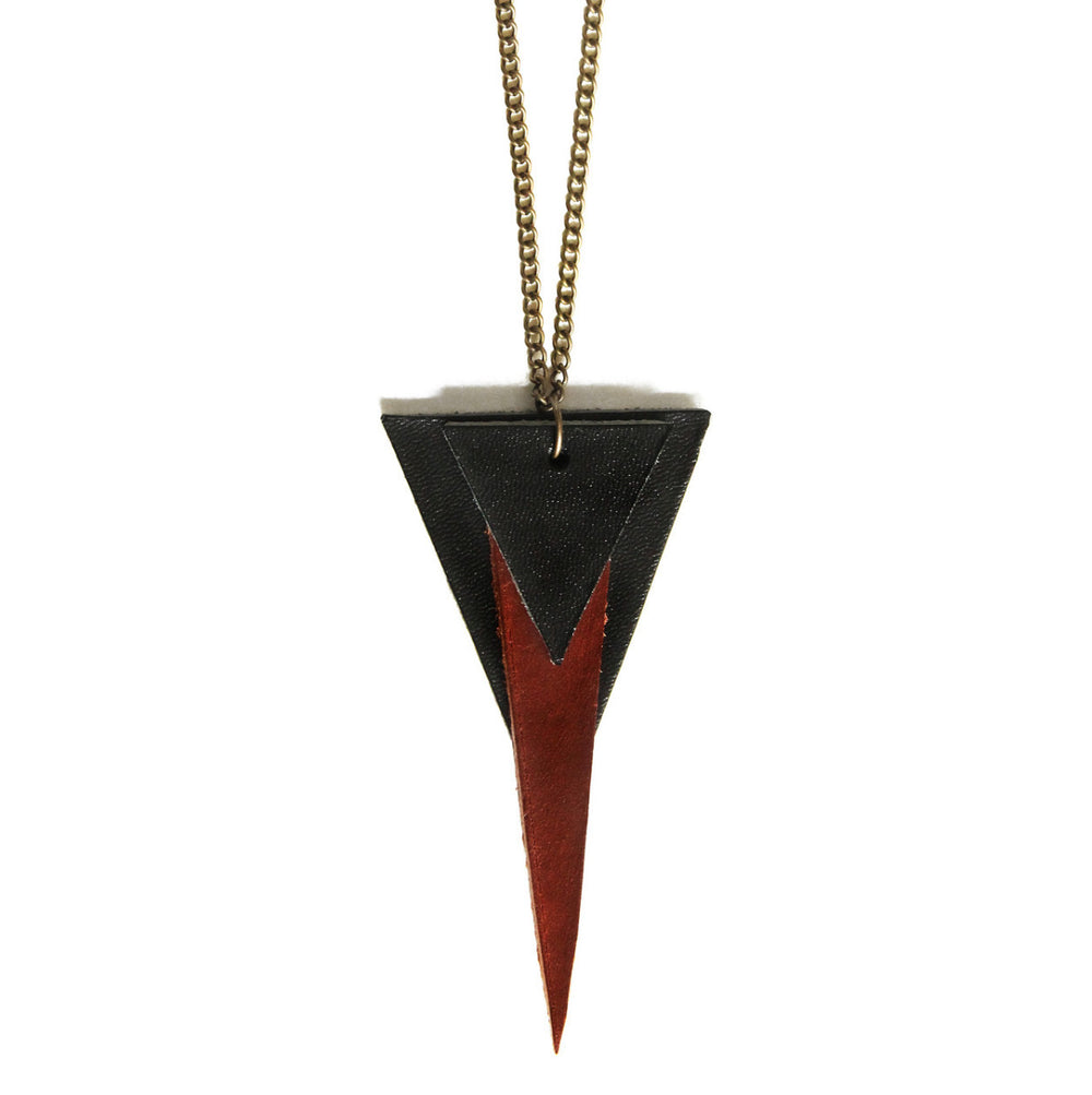 Deco triangle necklace with black and chestnut brown leather