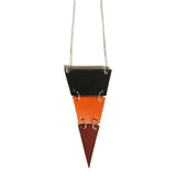 Tri-color leather triangle necklace, cut into 3 sections, close up view