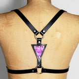 Black leather harness with purple mermaid leather triangle in the center, back 
