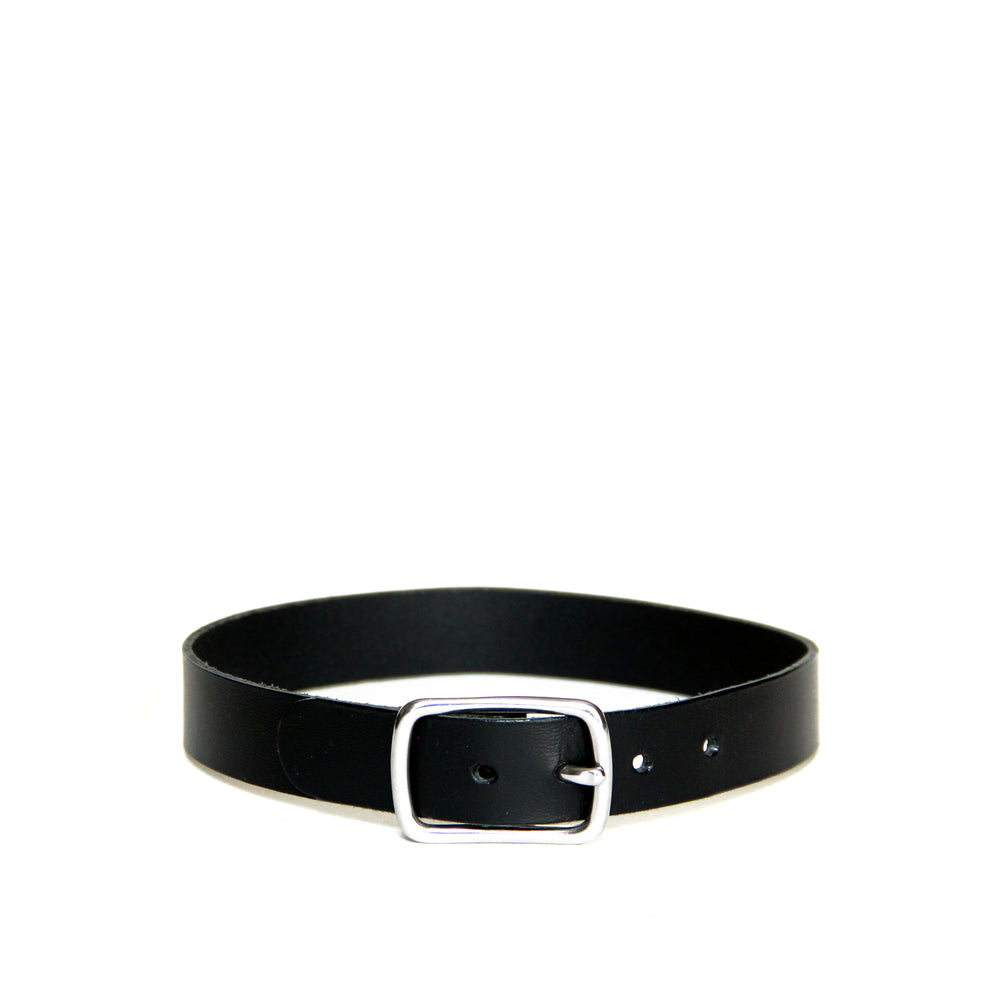 Black leather choker with a silver buckle on a white background.