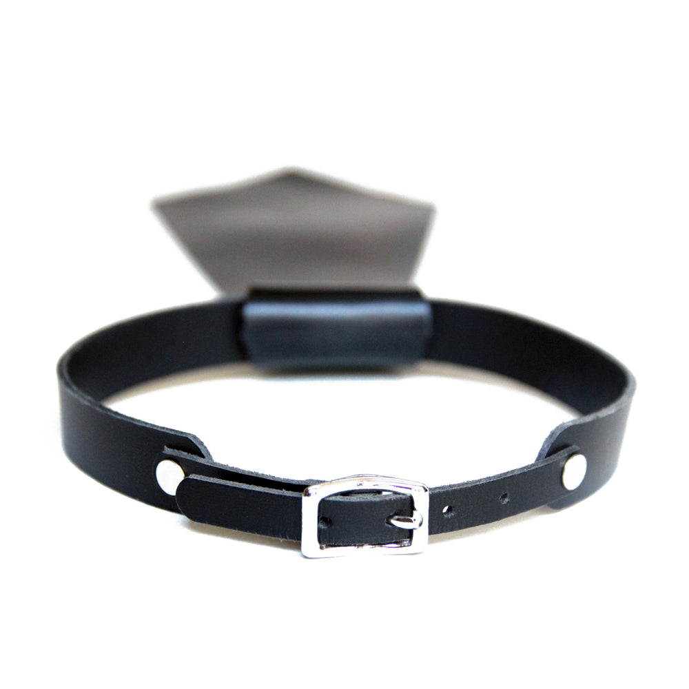 Black leather short tie back view of buckle