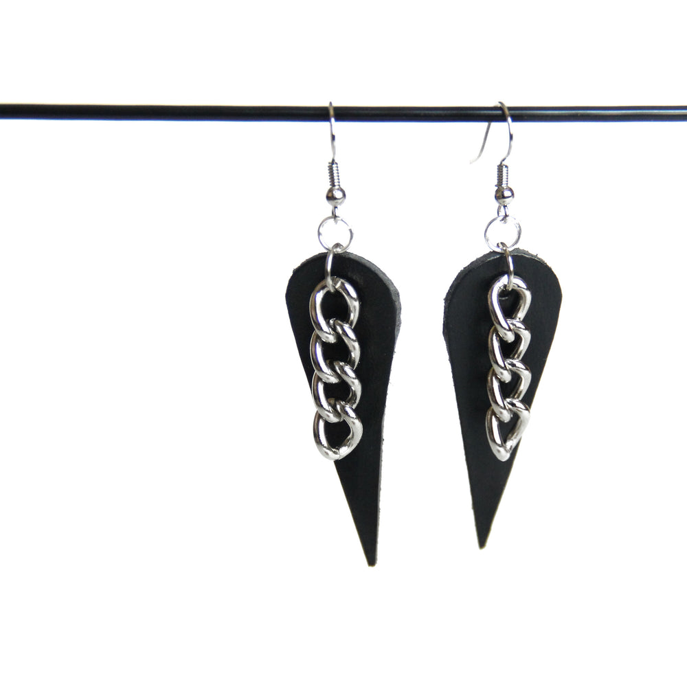 Black leather and silver chain earrings