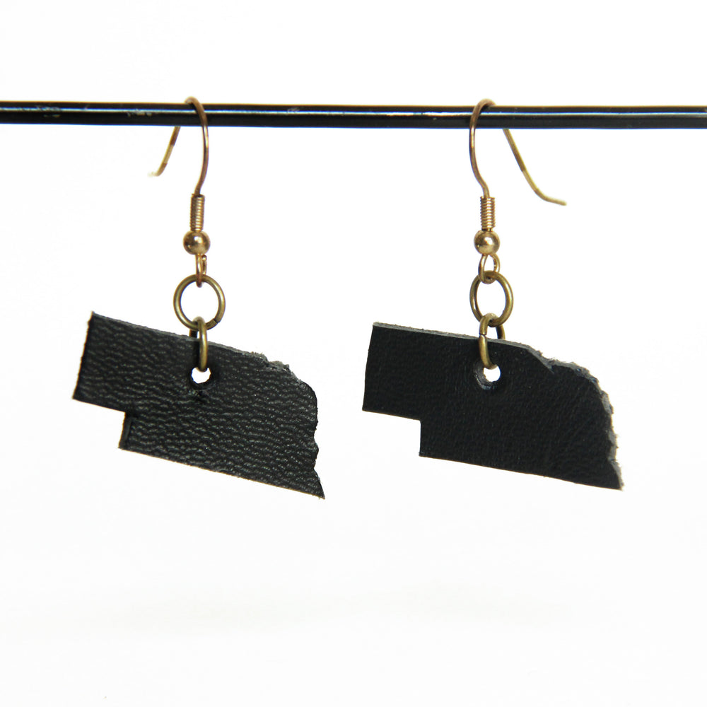 Black leather Nebraska earrings with gold hardware