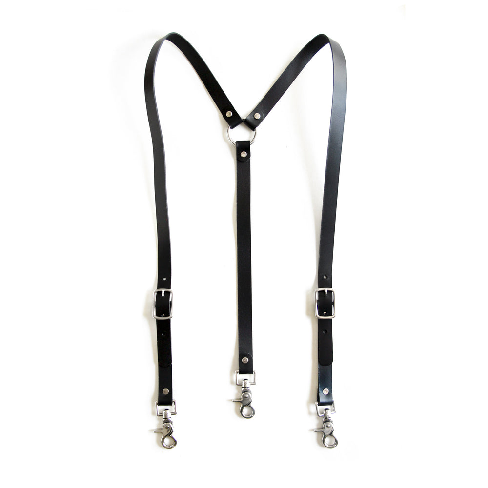 Black leather suspenders with silver swivel trigger clips.