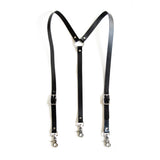 Black leather suspenders with silver swivel trigger clips.
