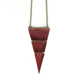 Chestnut brown leather triangle necklace, cut into 3 sections, close up view