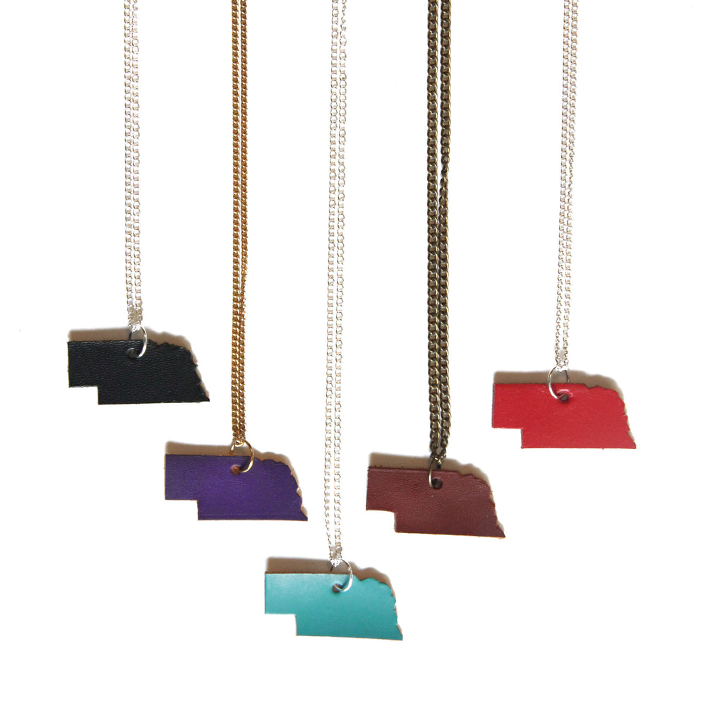 Leather Nebraska necklace, showing 5 colors