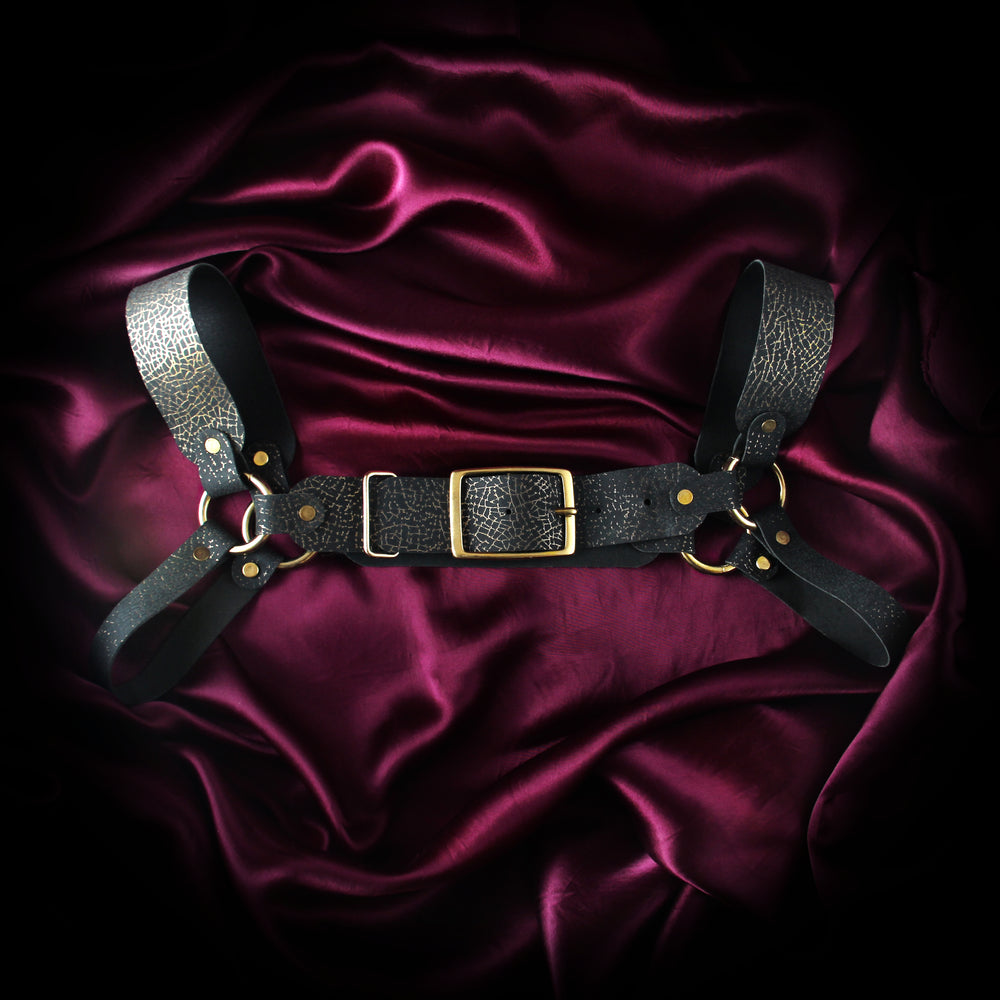 Alpha Harness in Midnight Gold Leather (sample)