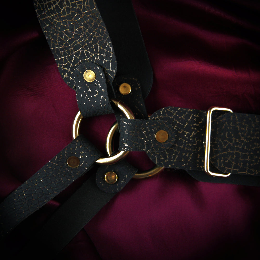 Alpha Harness in Midnight Gold Leather (sample)