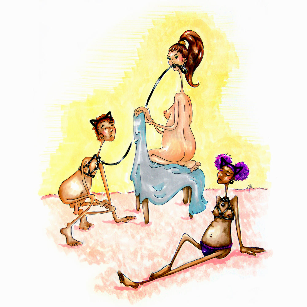 A kinky threesome plays out a kitty play scene. One lover dominates two others dressed in leather kitty gear and harnesses.