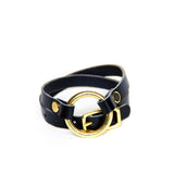 Black leather wrap bracelet with brass O-ring and hardware