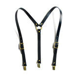 Black leather high-waisted suspenders, with suspender clips and brass hardware