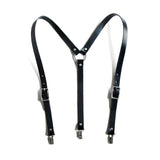 Black leather high-waisted suspenders, with suspender clips and silver hardware