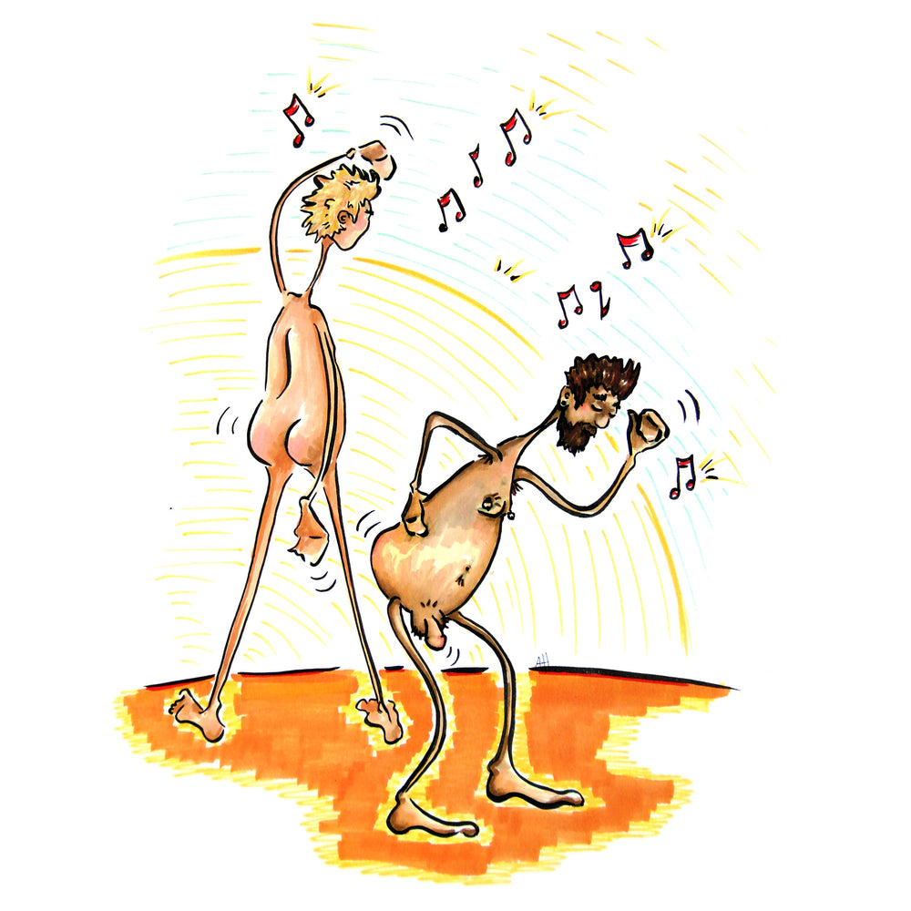 Two nude lovers are having an enthusiastic booty-shaking dance party together.