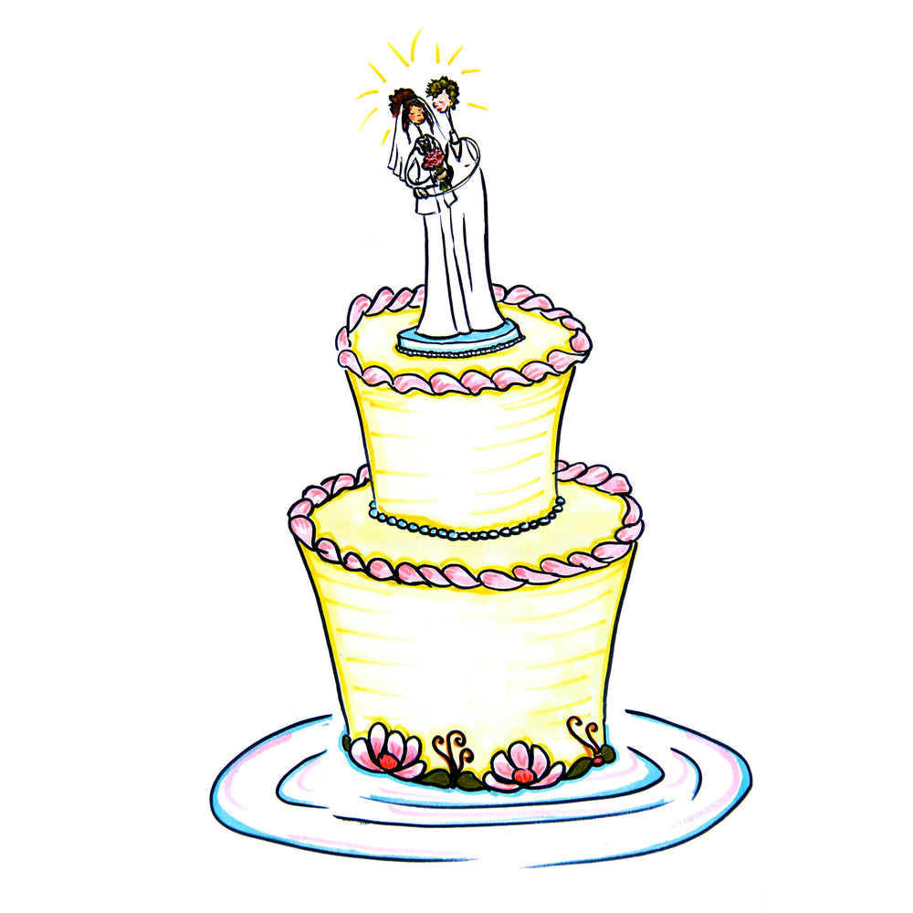 A double-tiered yellow frosted wedding cake featuring a cake topper with a happy interracial lesbian couple.