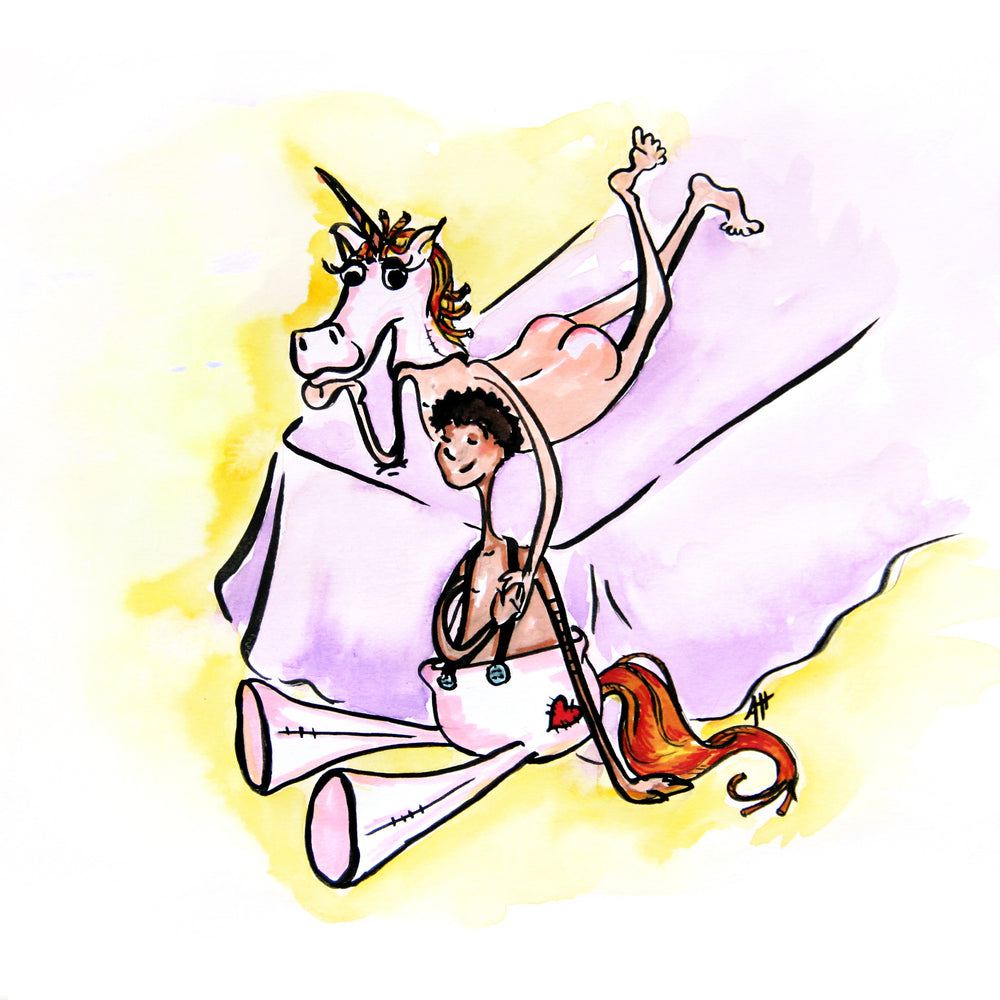 One lover only wears the unicorn head of a brony costume while the other lover just wears the bottom half of the costume.