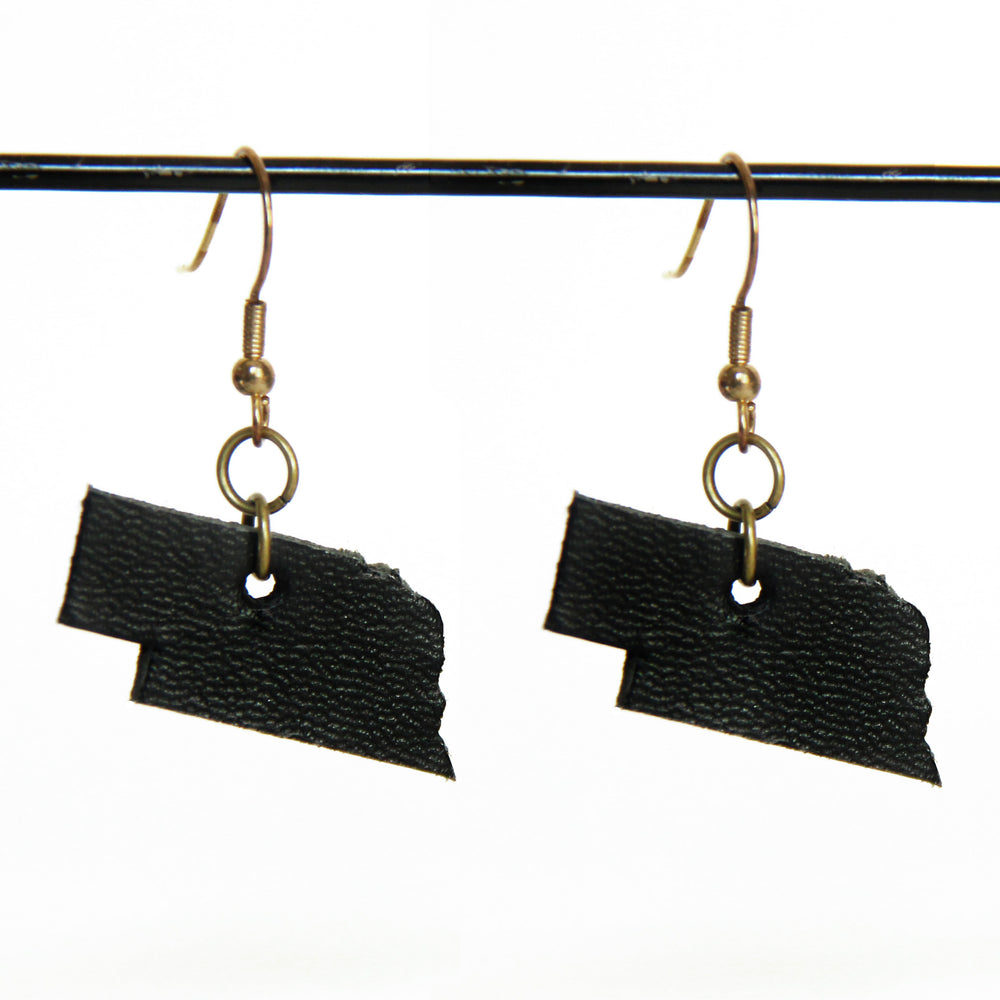 Black leather Nebraska earrings with bronze hardware
