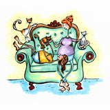 Happy lesbian couple cuddles at home on their teal, tufted loveseat. They are joined by their three cats.