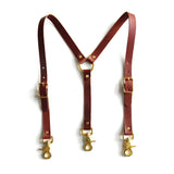 Chestnut brown leather high-waisted suspenders, with swivel trigger clips and brass hardware