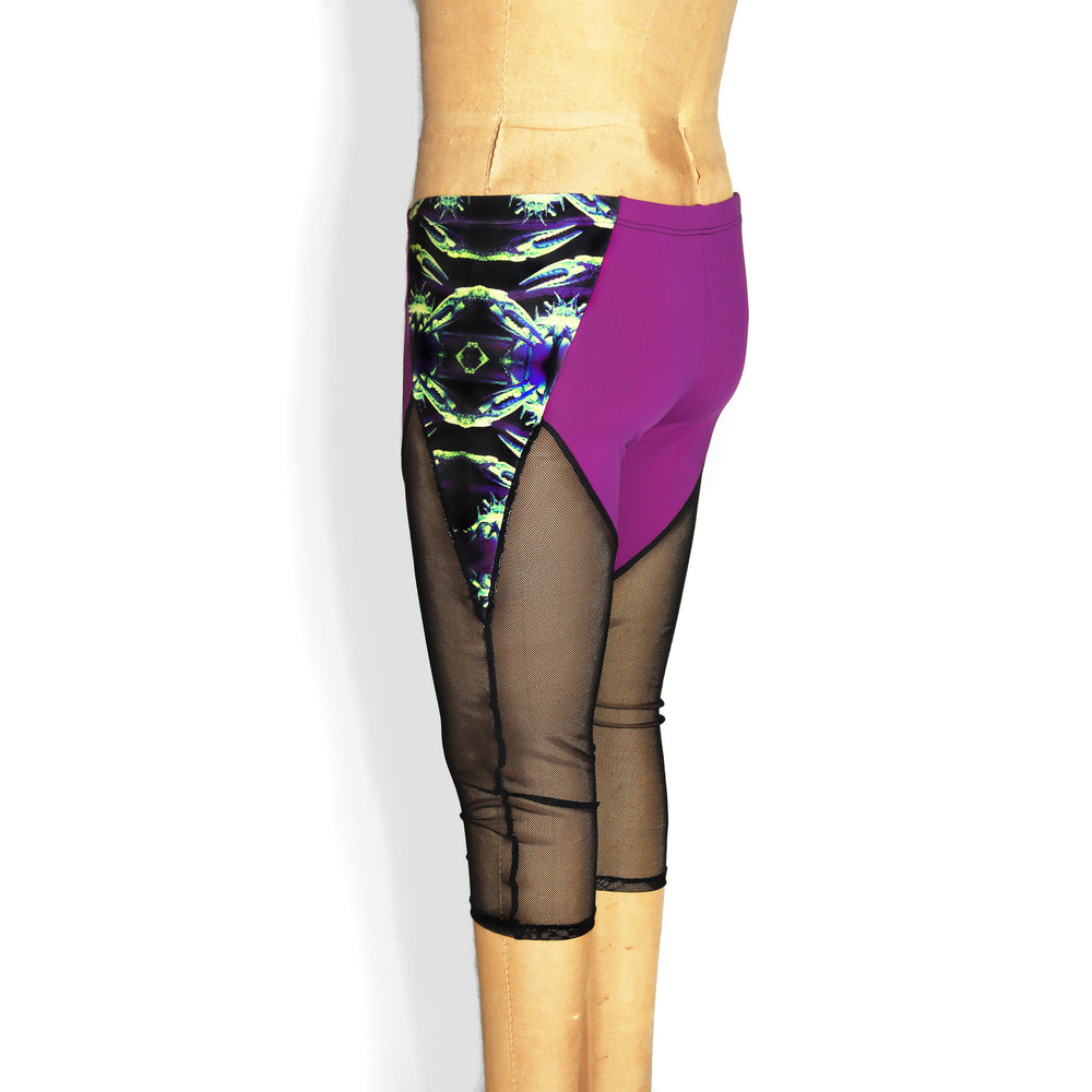 Colorblocked mesh capri leggings, purple and black mesh, angled back view and close up