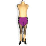 Colorblocked mesh capri leggings, purple and black mesh, front view