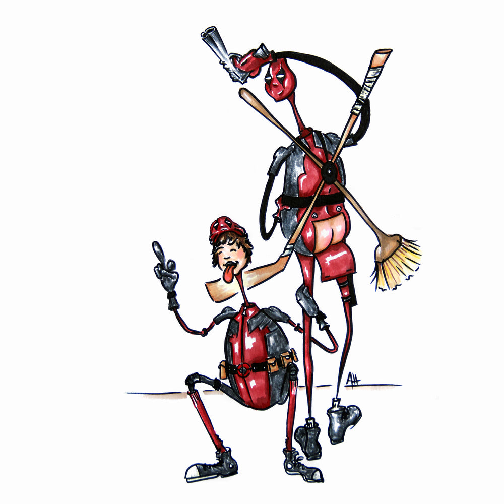 Market illustration of two gay cosplayers posing together. They are both cosplaying as Deadpool. One is mooning the viewer. The other is flipping off the viewer.