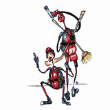 Market illustration of two gay cosplayers posing together. They are both cosplaying as Deadpool. One is mooning the viewer. The other is flipping off the viewer.