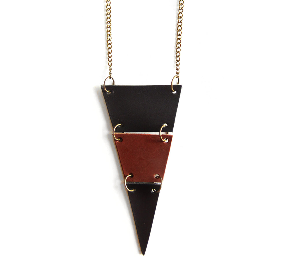 Chestnut brown and black leather triangle necklace, cut into 3 sections, close up view