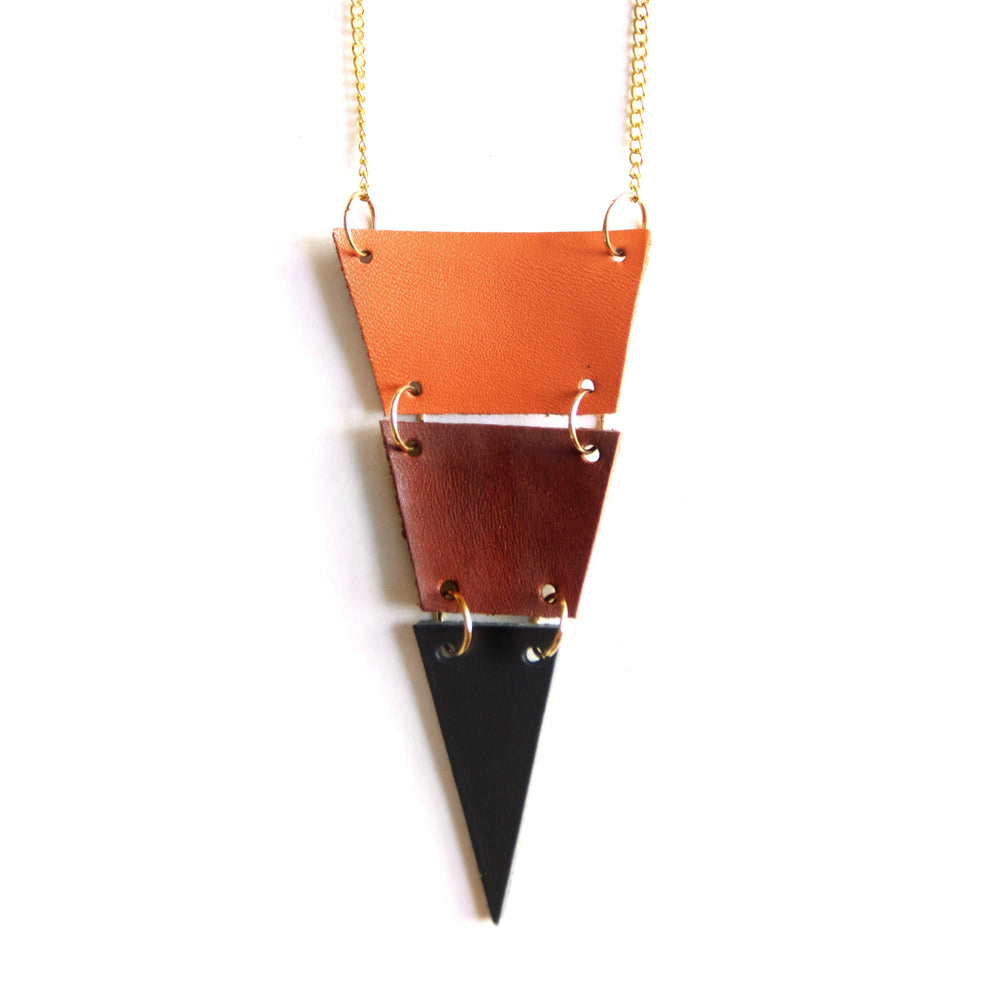 Tri-color leather triangle necklace, cut into 3 sections, close up view