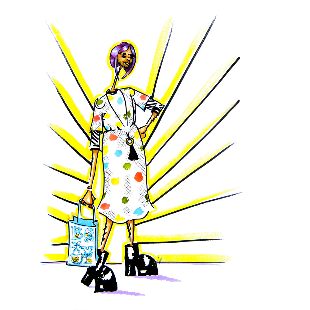 Gender-nonconforming icon wears a patterned dress, platform boots, and purple wig while carrying a bag that reads “B-O-Y.”