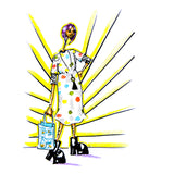 Gender-nonconforming icon wears a patterned dress, platform boots, and purple wig while carrying a bag that reads “B-O-Y.”
