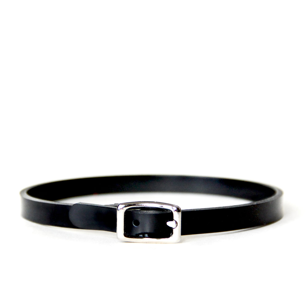 Slim faux leather choker with a tiny silver buckle on a white background. Vegan leather is black and shiny.