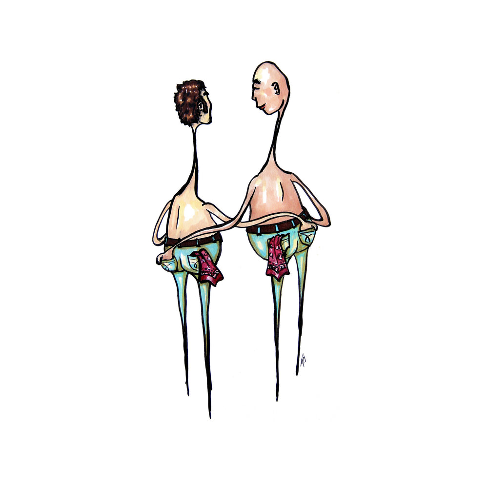 Two lovers look sweetly at one another. They are both shirtless and wearing jeans with pink hankies in their back pockets.