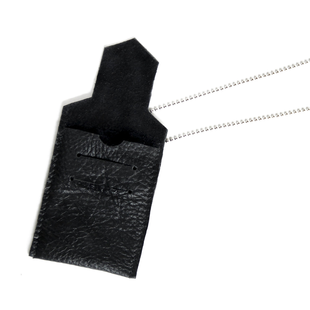 Black Leather ID holder necklace, open