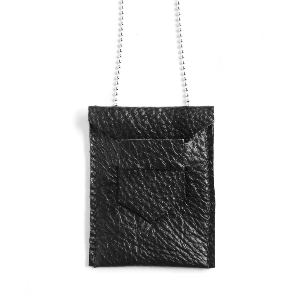 Black Leather ID holder necklace, close up