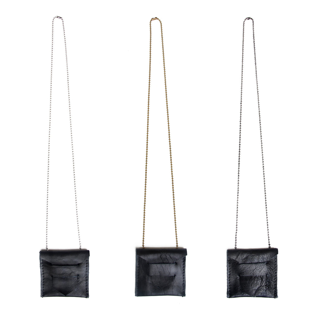 Three black leather envelope necklace with different hardware