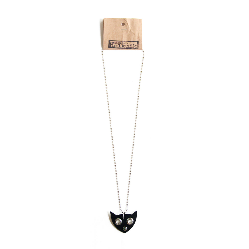 Black leather cat face shaped necklace, full view
