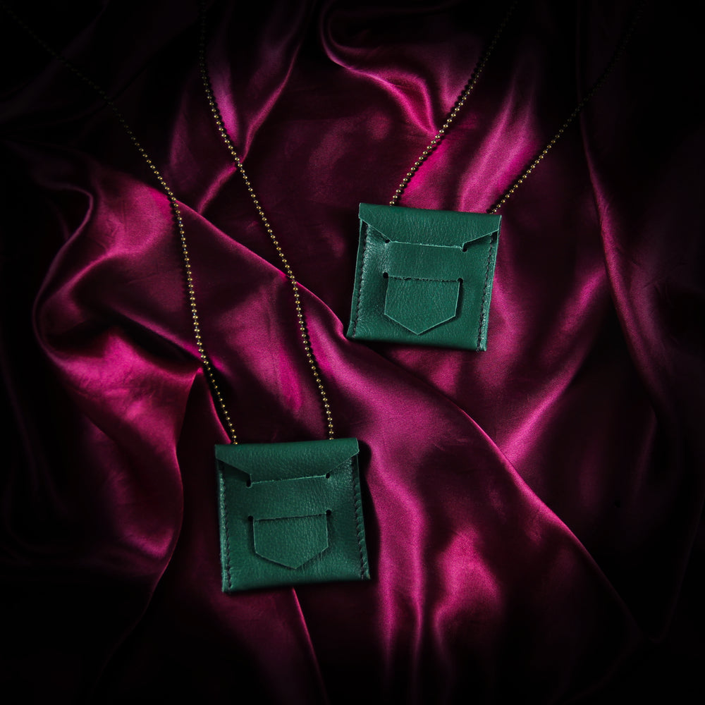 Green Leather Envelope Pendant Necklace -- sample sale