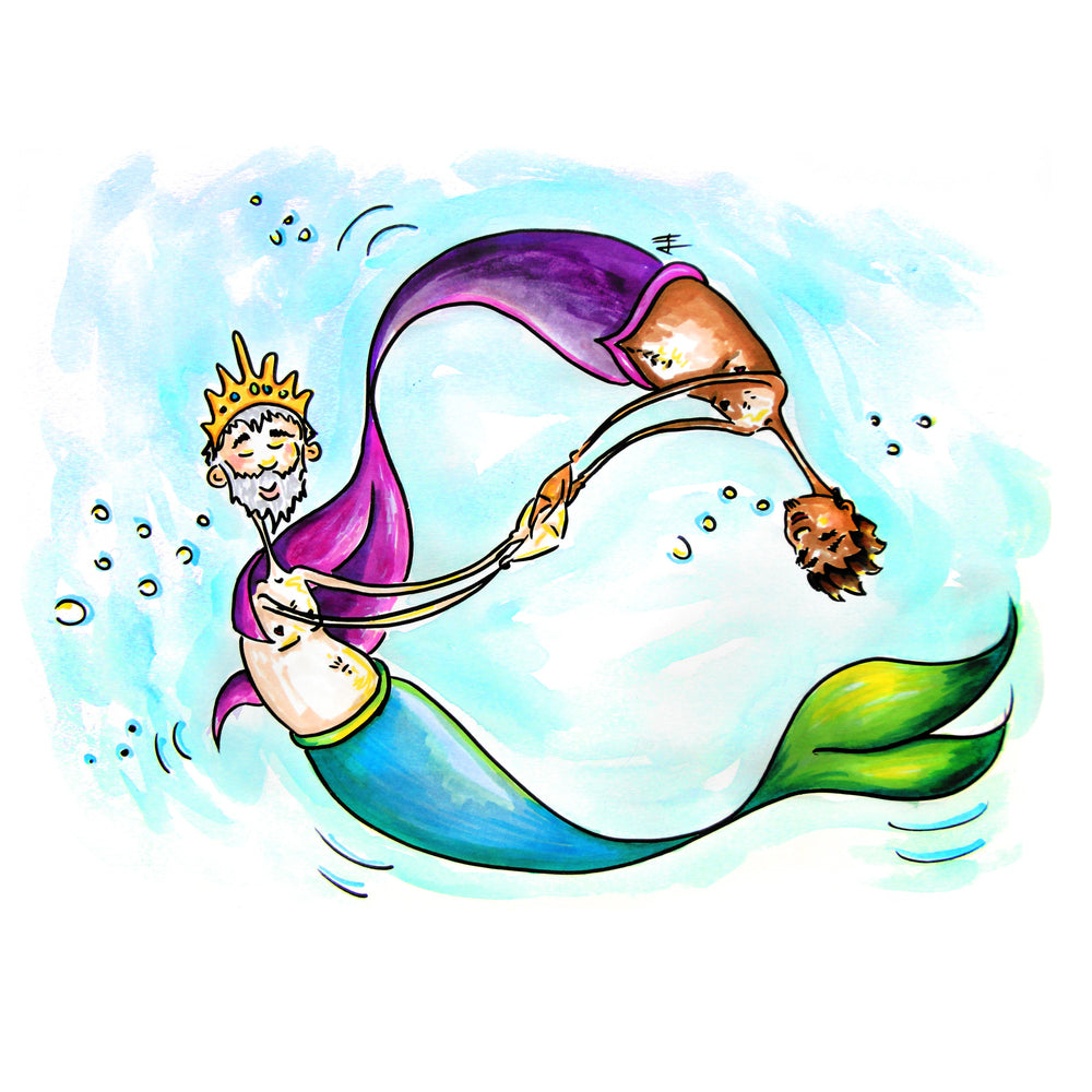 Two mermen lovers embrace hands while swimming in a circle underwater. They are content and have heart-shaped areolas. 