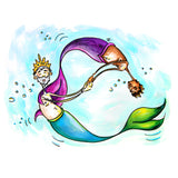Two mermen lovers embrace hands while swimming in a circle underwater. They are content and have heart-shaped areolas. 