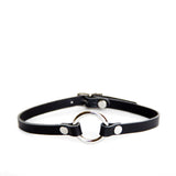 Classic black leather collar with silver o-ring hardware. Shown on a white background.
